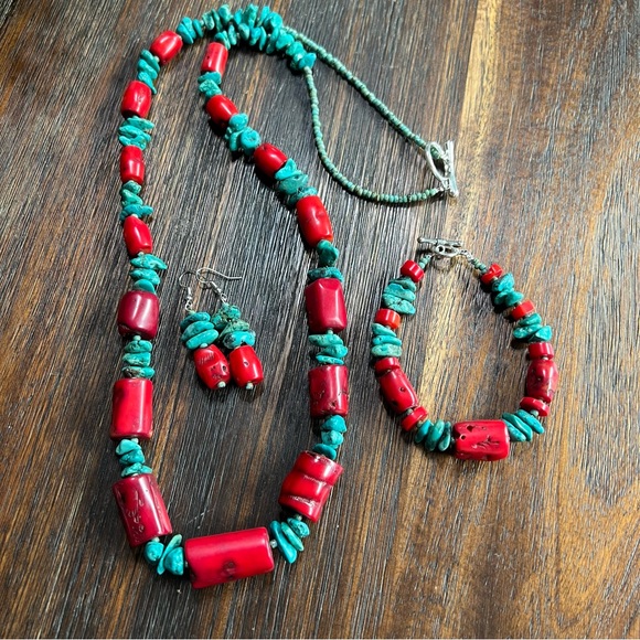 Real Turquoise Red Coral Necklace Bracelet Earring 3 pc set blue green handmade - Picture 1 of 16
